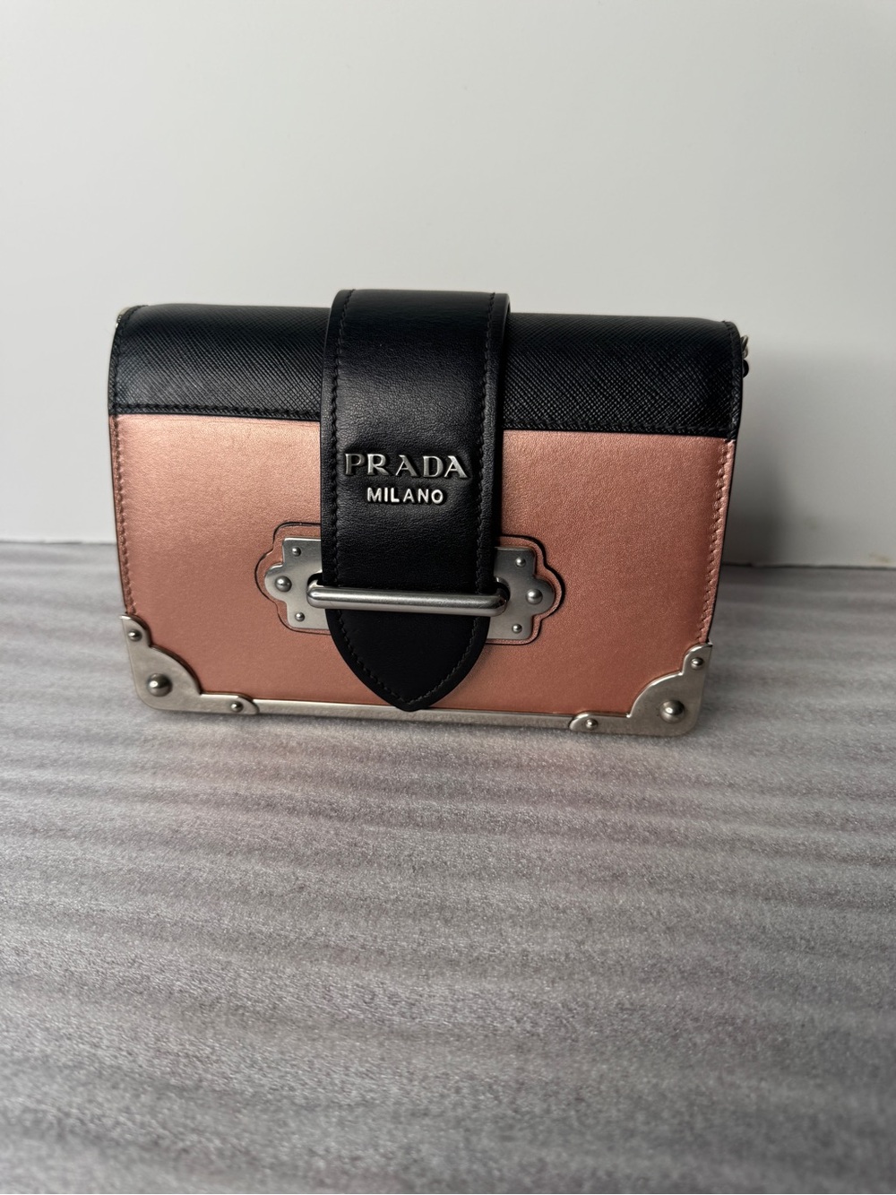 PRADA Cahier Metallic Pink & Black Leather Crossbody / Shoulder Bag